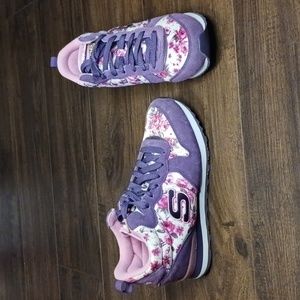 Skechers Air-cooled Memory Foam Hidden Wedge Heel Sz9 Purple with Floral print